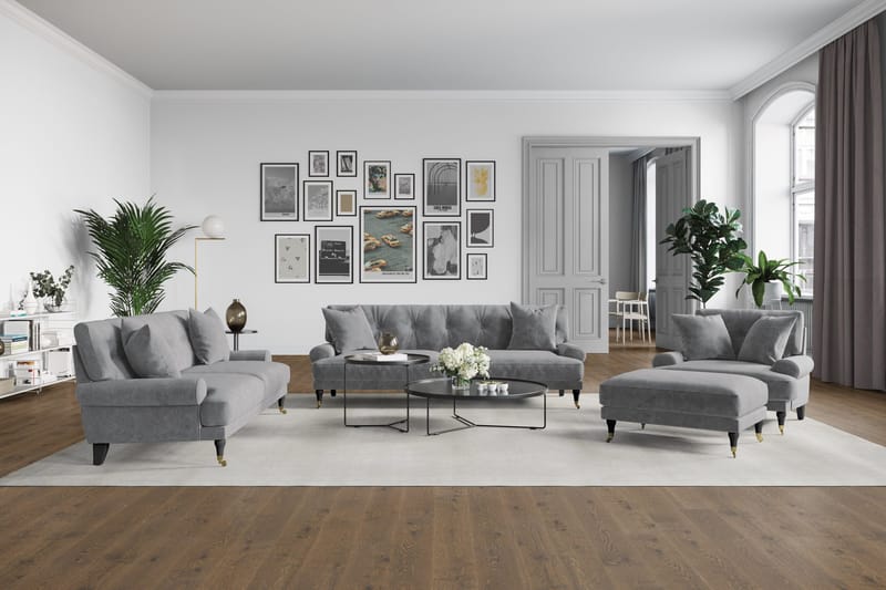 Andrew Sofagruppe 3-seter Sofa + Lenestol + Fotskammel i Fløyel - Lys grå - Møbler - Sofaer - Sofagrupper - Howard sofagruppe
