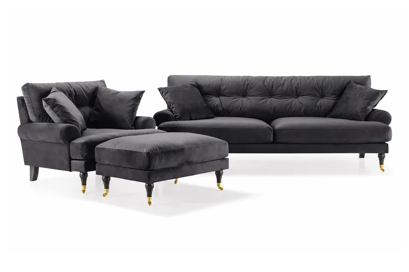 Andrew Sofagruppe 3-seter Sofa + Lenestol + Fotskammel i Fløyel, Mørk grå