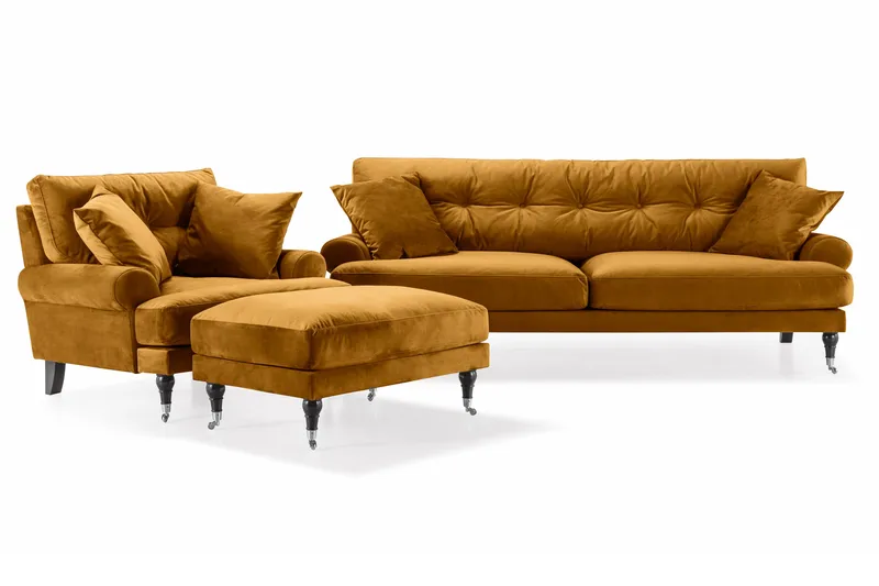 Andrew Sofagruppe 3-seter Sofa + Lenestol + Fotskammel i Fløyel - Mørk gul - Møbler - Sofaer - Sofagrupper - Howard sofagruppe