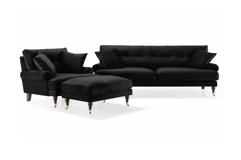 Andrew Sofagruppe 3-seter Sofa + Lenestol + Fotskammel i Fløyel - Svart - Møbler - Sofaer - Sofagrupper - Howard sofagruppe