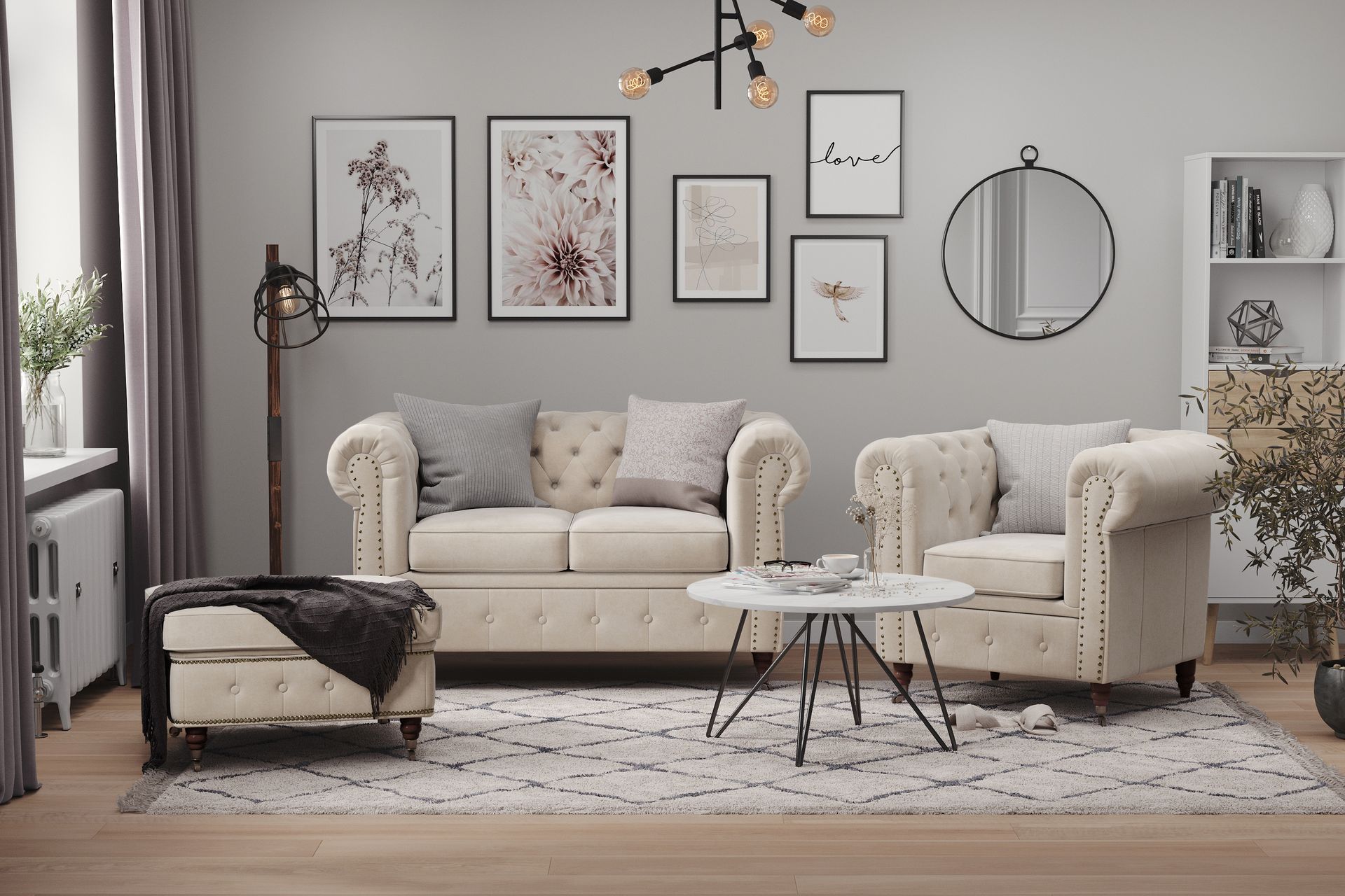 Chesterfield Deluxe Sofagruppe 2-seter+Lenestol+Fotskammel - Beige Fløyel - Møbler - Sofaer - Sofagrupper - Howard sofagruppe