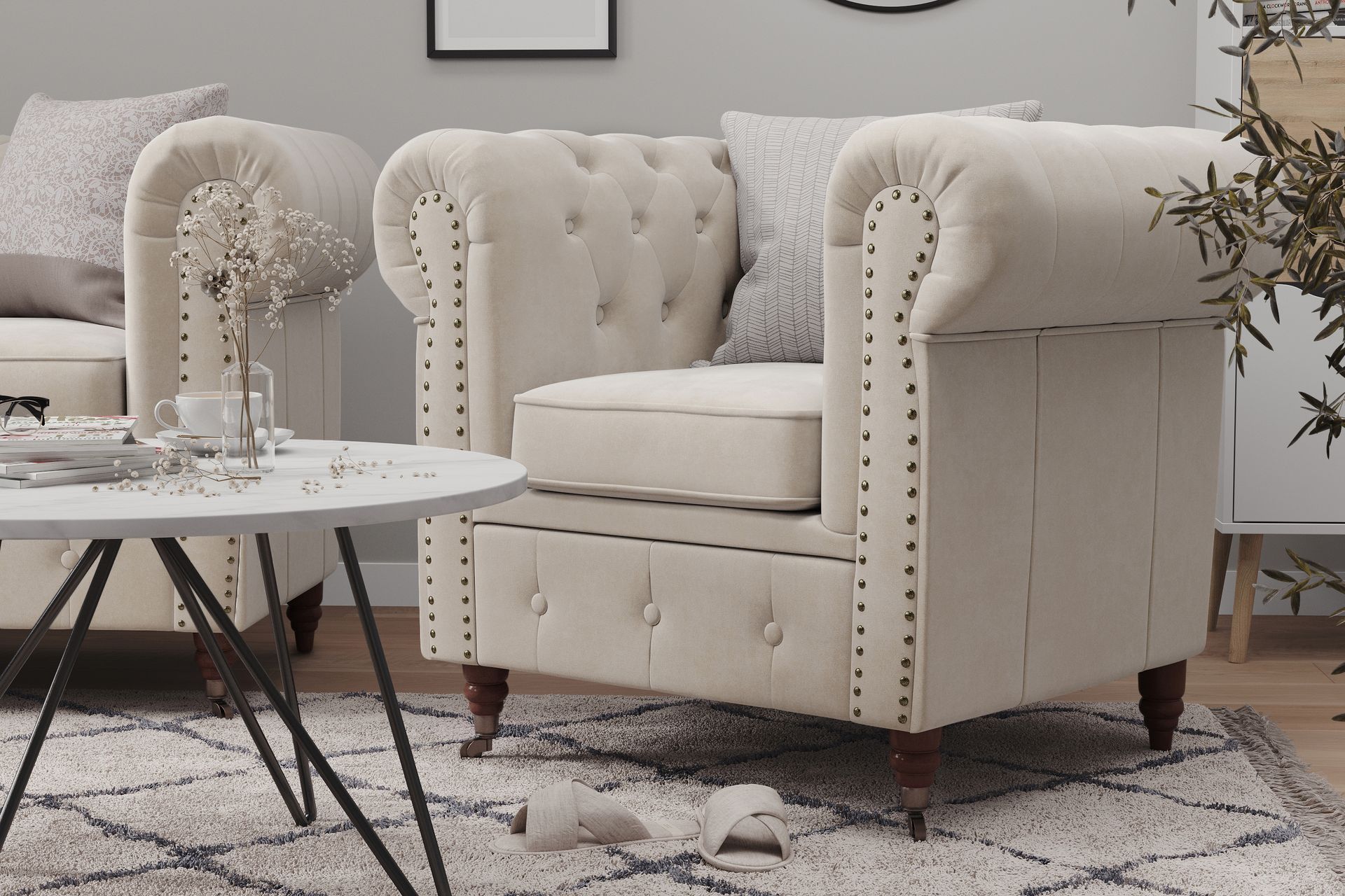 Chesterfield Deluxe Sofagruppe 2-seter+Lenestol+Fotskammel - Beige Fløyel - Møbler - Sofaer - Sofagrupper - Howard sofagruppe