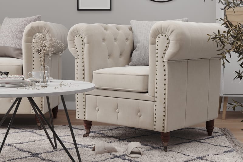 Chesterfield Deluxe Sofagruppe 2-seter+Lenestol+Fotskammel - Beige Fløyel - Howard sofagruppe