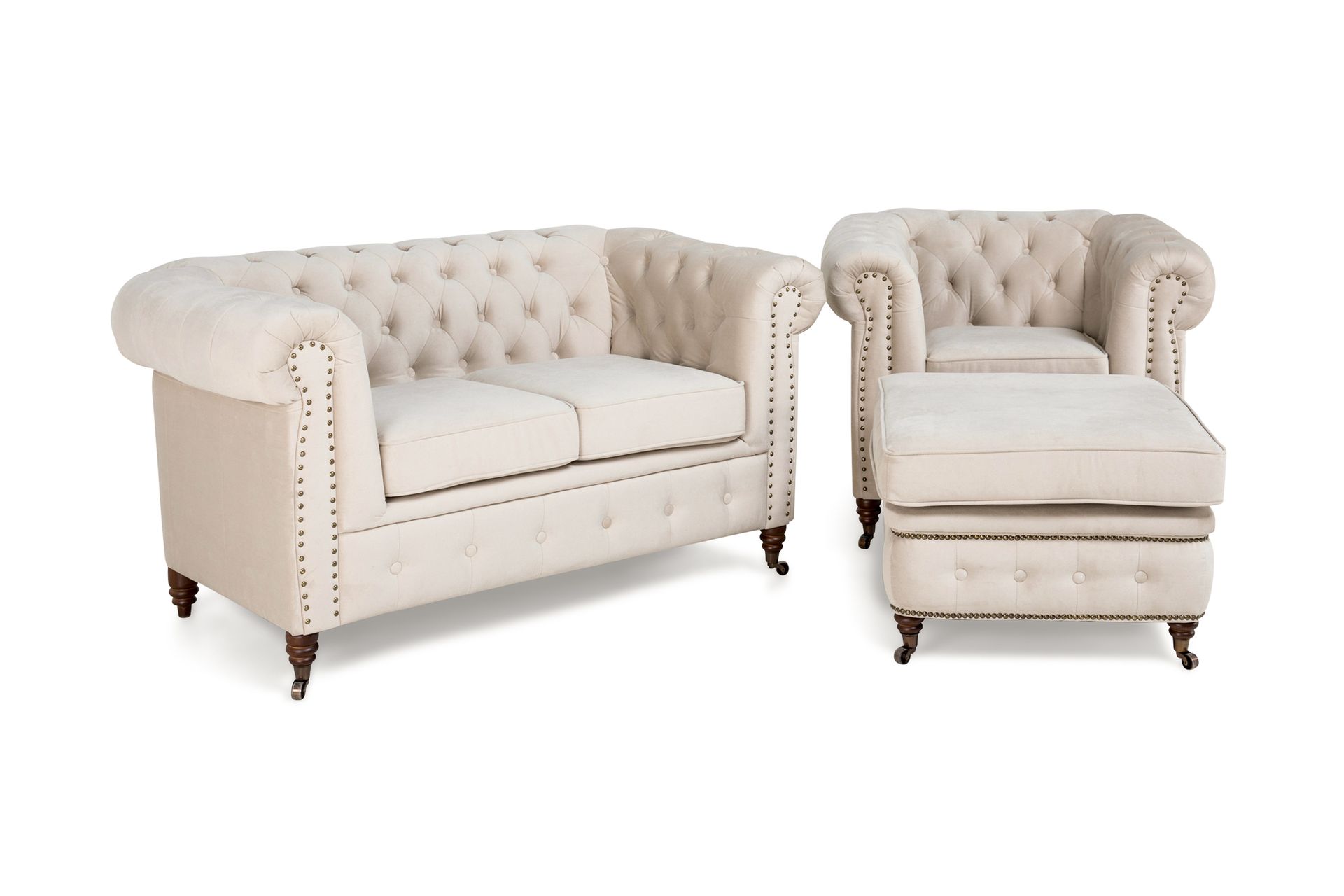 Chesterfield Deluxe Sofagruppe 2-seter+Lenestol+Fotskammel - Beige Fløyel - Møbler - Sofaer - Sofagrupper - Howard sofagruppe