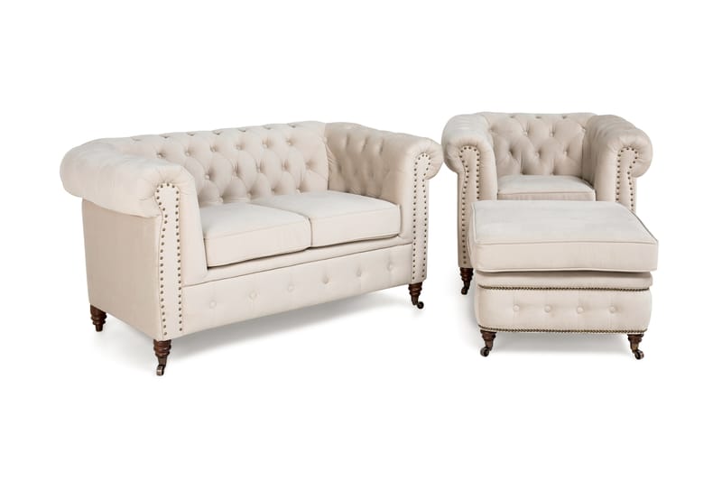 Chesterfield Deluxe Sofagruppe 2-seter+Lenestol+Fotskammel - Beige Fløyel - Møbler - Sofaer - Sofagrupper - Howard sofagruppe