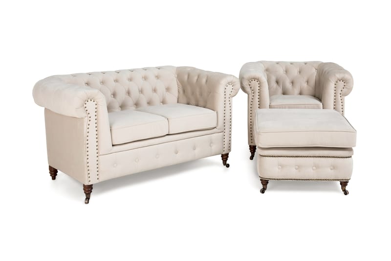 Chesterfield Deluxe Sofagruppe 2-seter+Lenestol+Fotskammel - Beige Fløyel - Howard sofagruppe