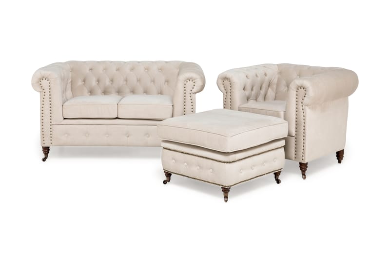 Chesterfield Deluxe Sofagruppe 2-seter+Lenestol+Fotskammel - Beige Fløyel - Møbler - Sofaer - Sofagrupper - Howard sofagruppe