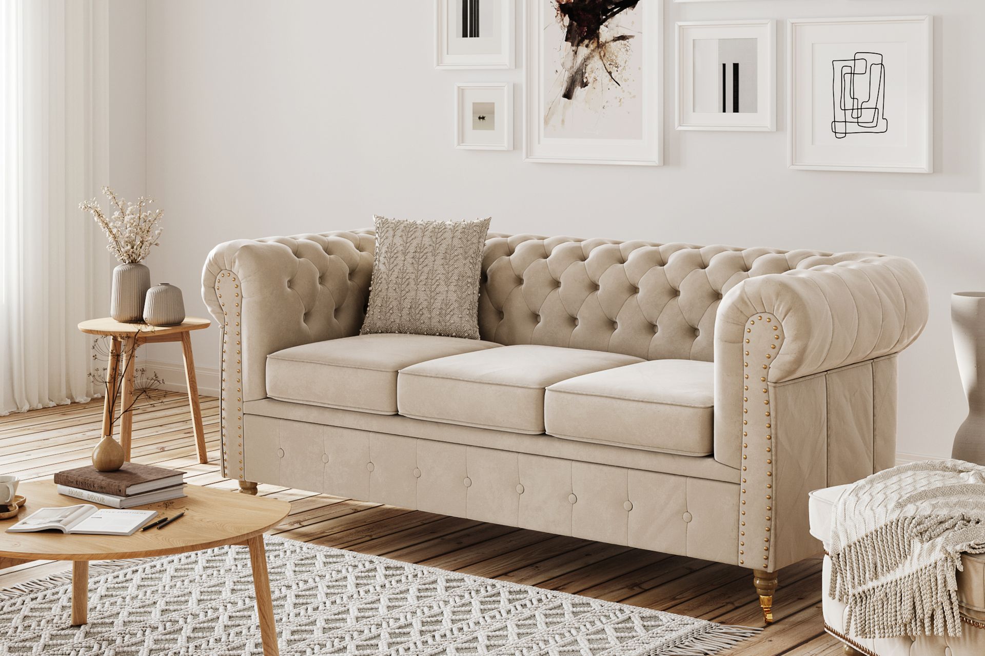 Chesterfield Deluxe Sofagruppe 3+2+1 med Fotskammel Fløyel - Beige - Møbler - Sofaer - Sofagrupper - Howard sofagruppe