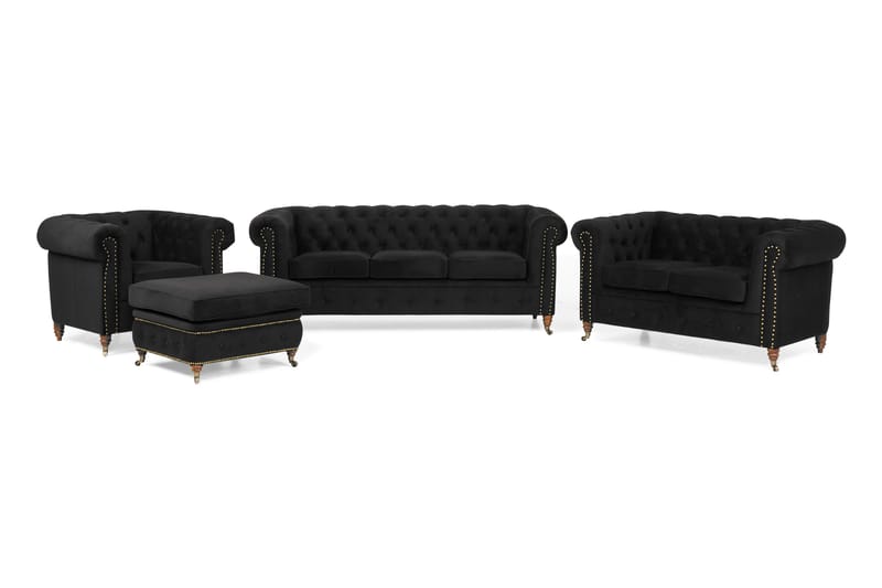 Chesterfield Deluxe Sofagruppe 3+2+Lenestol+Fotskammel - Svart Fløyel - Møbler - Sofaer - Sofagrupper - Howard sofagruppe