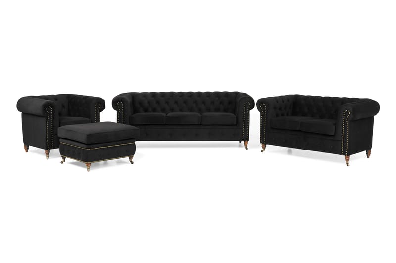 Chesterfield Deluxe Sofagruppe 3+2+Lenestol+Fotskammel - Svart Fløyel - Howard sofagruppe