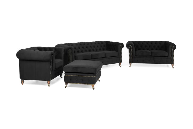Chesterfield Deluxe Sofagruppe 3+2+Lenestol+Fotskammel - Svart Fløyel - Møbler - Sofaer - Sofagrupper - Howard sofagruppe
