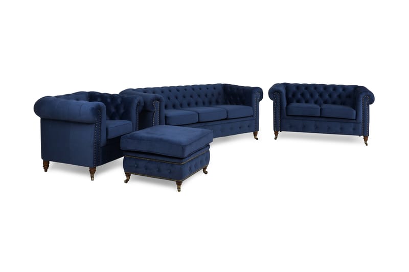 Chesterfield Deluxe Sofagruppe 3+2+Lenestol+Fotskammel - Petrolblå/Fløyel - Howard sofagruppe