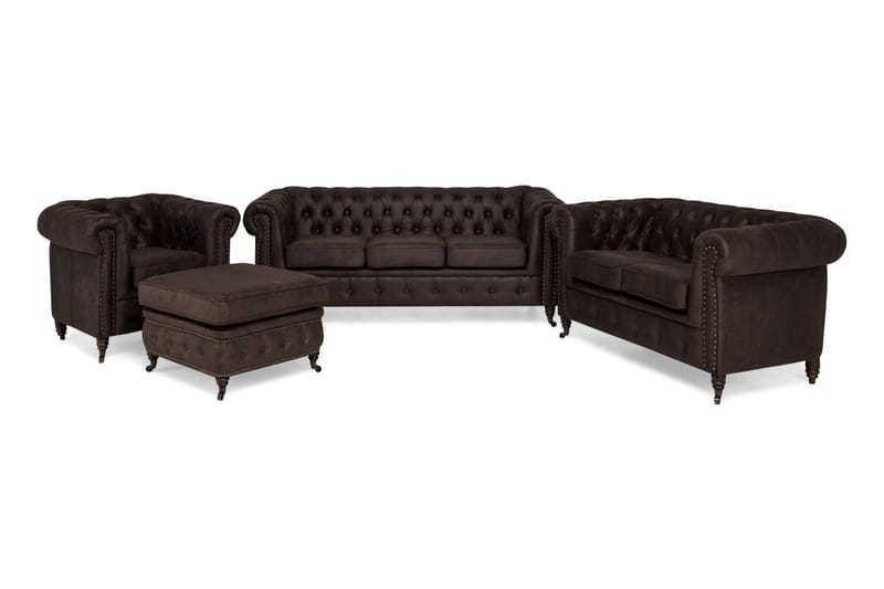 Chesterfield Deluxe Sofagruppe 3+2-seter+Lenestol+Fotskammel - Mørkebrun - Howard sofagruppe