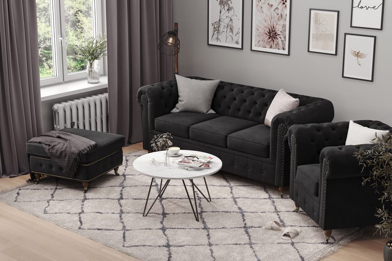 Chesterfield Deluxe Sofagruppe 3-seter+2-seter Fløyel - Svart - Howard sofagruppe