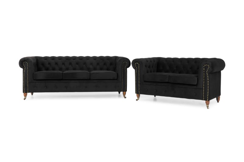 Chesterfield Deluxe Sofagruppe 3-seter+2-seter Fløyel - Svart - Howard sofagruppe