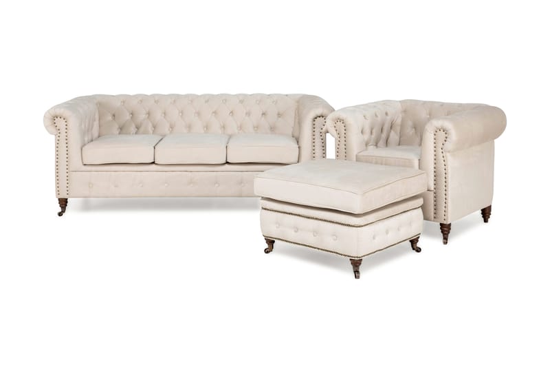 Chesterfield Deluxe Sofagruppe 3-seter+Lenestol+Fotskammel - Beige Fløyel - Møbler - Sofaer - Sofagrupper - Howard sofagruppe