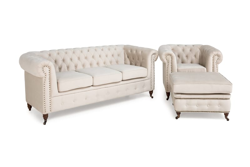 Chesterfield Deluxe Sofagruppe 3-seter+Lenestol+Fotskammel - Beige Fløyel - Møbler - Sofaer - Sofagrupper - Howard sofagruppe