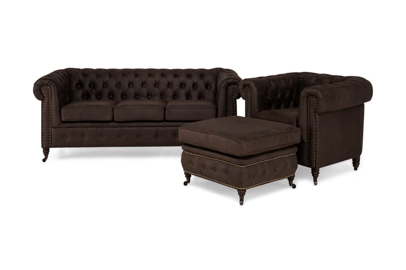 Chesterfield Deluxe Sofagruppe 3-seter+Lenestol+Fotskammel - Mørkebrun - Howard sofagruppe