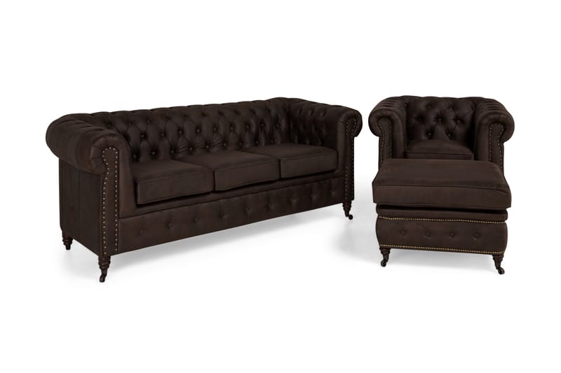 Chesterfield Deluxe Sofagruppe 3-seter+Lenestol+Fotskammel - Mørkebrun - Møbler - Sofaer - Sofagrupper - Howard sofagruppe