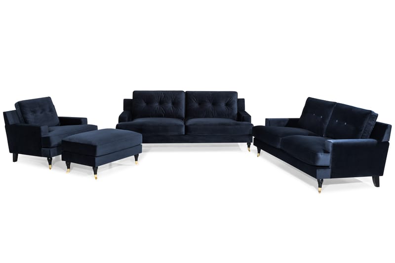 Dalby Sofagruppe 2-Sete+3-Sete+Lenestol+Fotskammel Fløyel - Midnatt blå - Howard sofagruppe