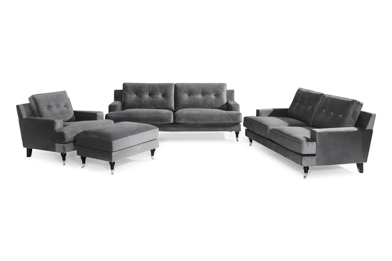 Dalby Sofagruppe 2-seter+3-seter+Lenestol+Fotskammel Fløyel - Mørkegrå - Møbler - Sofaer - Sofagrupper - Howard sofagruppe
