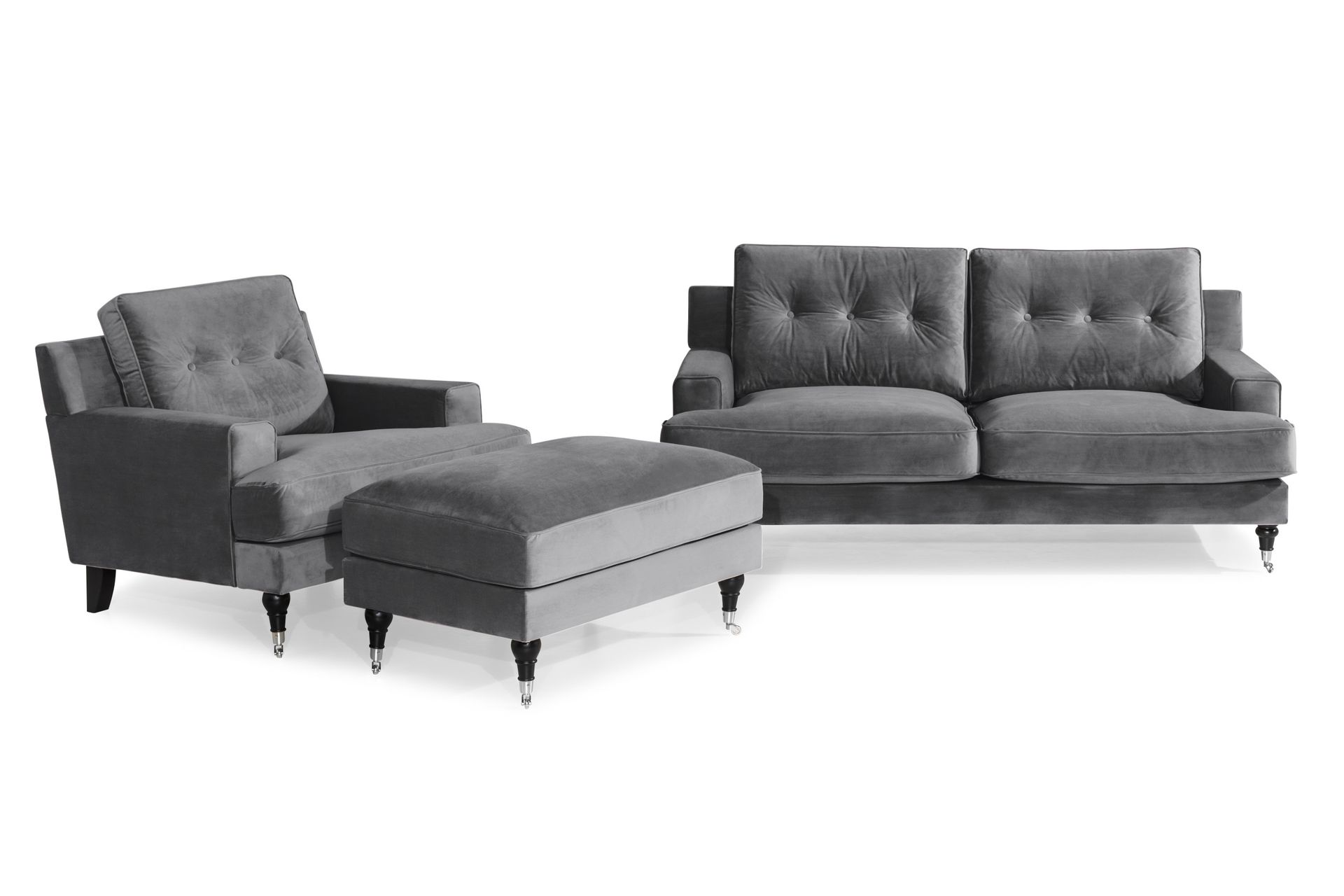Dalby Sofagruppe 2-seter+Lenestol+Fotskammel Fløyel - Mørkegrå - Møbler - Sofaer - Sofagrupper - Howard sofagruppe