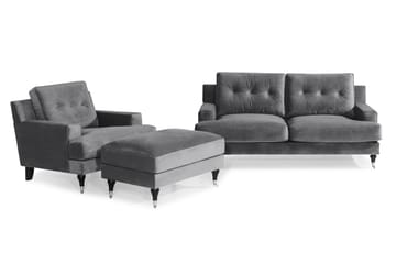 Dalby Sofagruppe 2-seter+Lenestol+Fotskammel Fløyel - Mørkegrå - Møbler - Sofaer - Sofagrupper - Howard sofagruppe