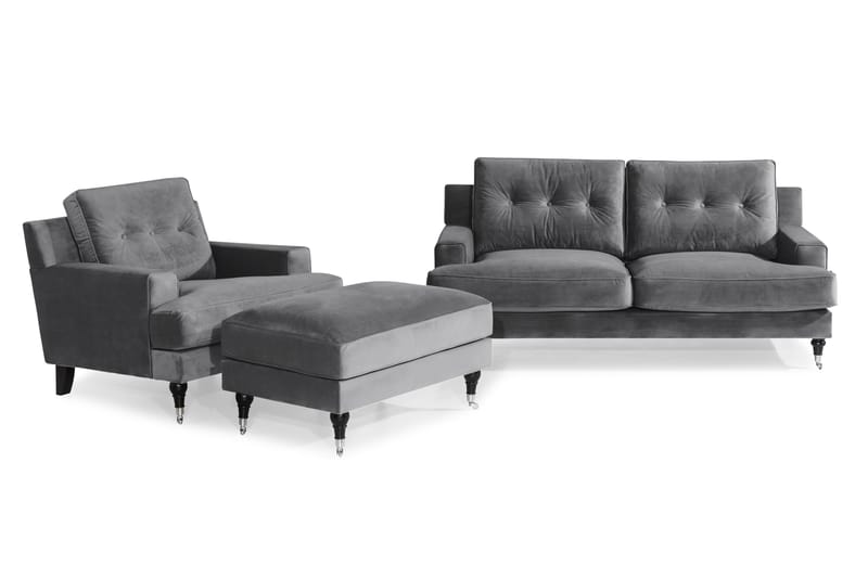 Dalby Sofagruppe 2-seter+Lenestol+Fotskammel Fløyel - Mørkegrå - Møbler - Sofaer - Sofagrupper - Howard sofagruppe