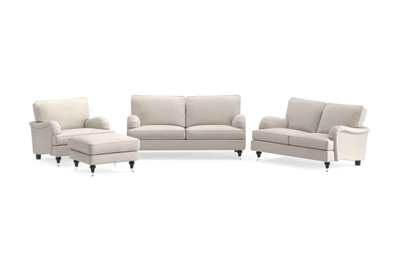 Howard Classic Sofagruppe 2-seters + Liten 2-seters Sofa + Lenestol + Fotskammel i Stoff, Beige