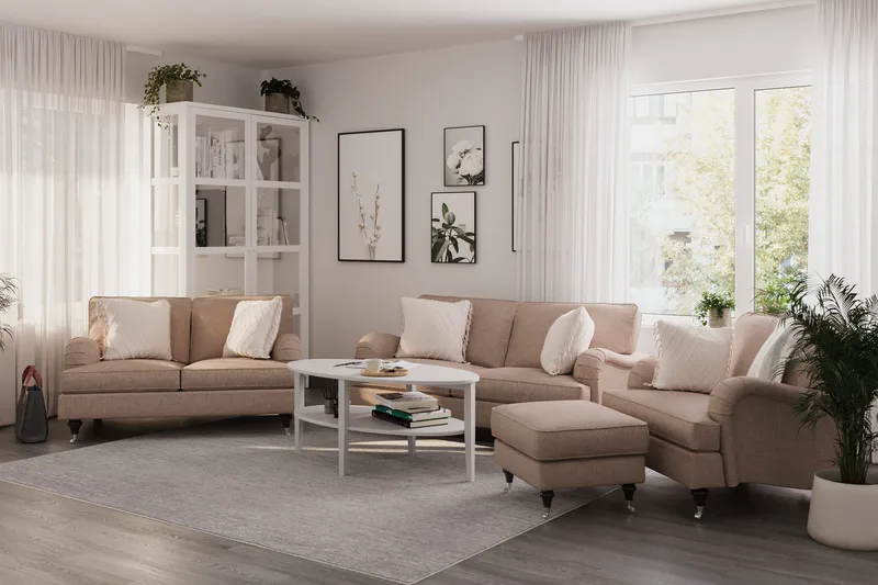 Howard Classic Sofagruppe 2-seters + Liten 2-seters Sofa + Lenestol + Fotskammel i Stoff - Mørk beige - Møbler - Sofaer - Sofagrupper - Howard sofagruppe