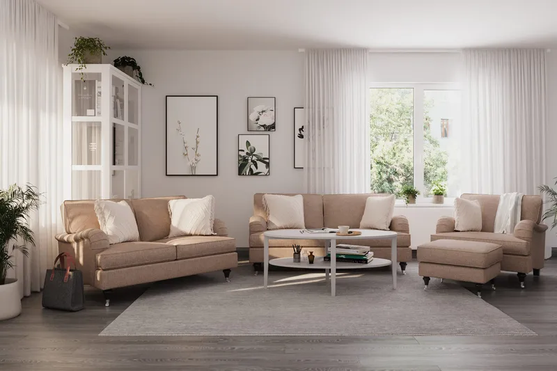 Howard Classic Sofagruppe 2-seters + Liten 2-seters Sofa + Lenestol + Fotskammel i Stoff - Mørk beige - Møbler - Sofaer - Sofagrupper - Howard sofagruppe