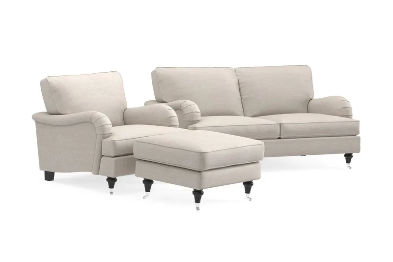 Howard Classic Sofagruppe 2-seters Sofa + Lenestol + Fotskammel i Stoff - Beige - Møbler - Sofaer - Sofagrupper - Howard sofagruppe