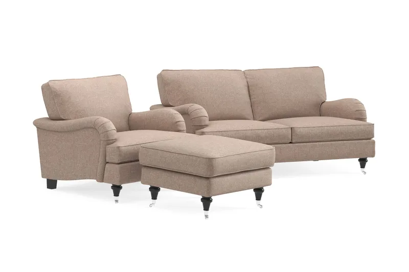 Howard Classic Sofagruppe 2-seters Sofa + Lenestol + Fotskammel i Stoff - Mørk beige - Møbler - Sofaer - Sofagrupper - Howard sofagruppe