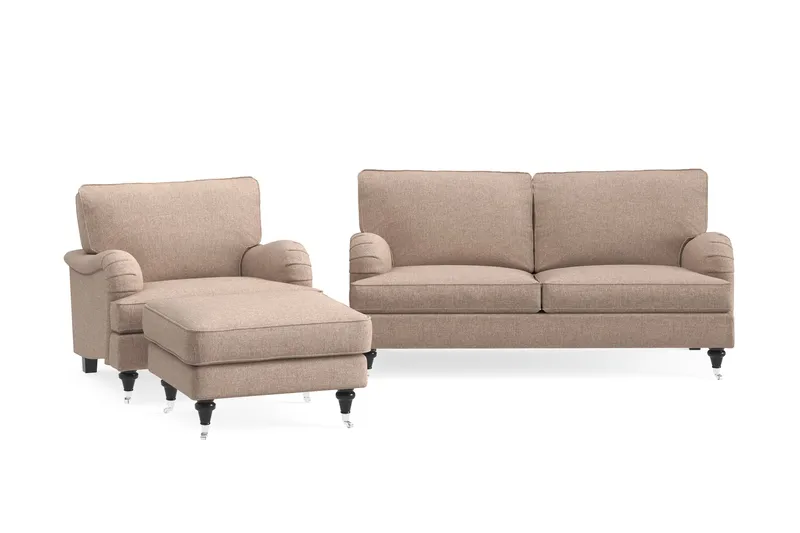 Howard Classic Sofagruppe 2-seters Sofa + Lenestol + Fotskammel i Stoff, Mørk beige