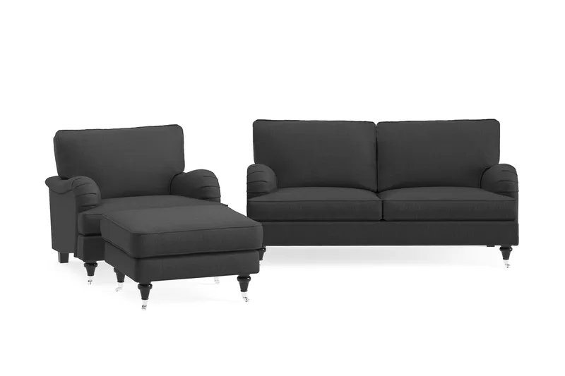 Howard Classic Sofagruppe 2-seters Sofa + Lenestol + Fotskammel i Stoff - Mørk grå - Møbler - Sofaer - Sofagrupper - Howard sofagruppe