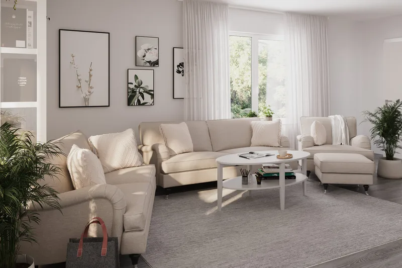 Howard Classic Sofagruppe 3-seters + 2-seters Sofa + Lenestol + Fotskammel i Stoff - Beige - Møbler - Sofaer - Sofagrupper - Howard sofagruppe