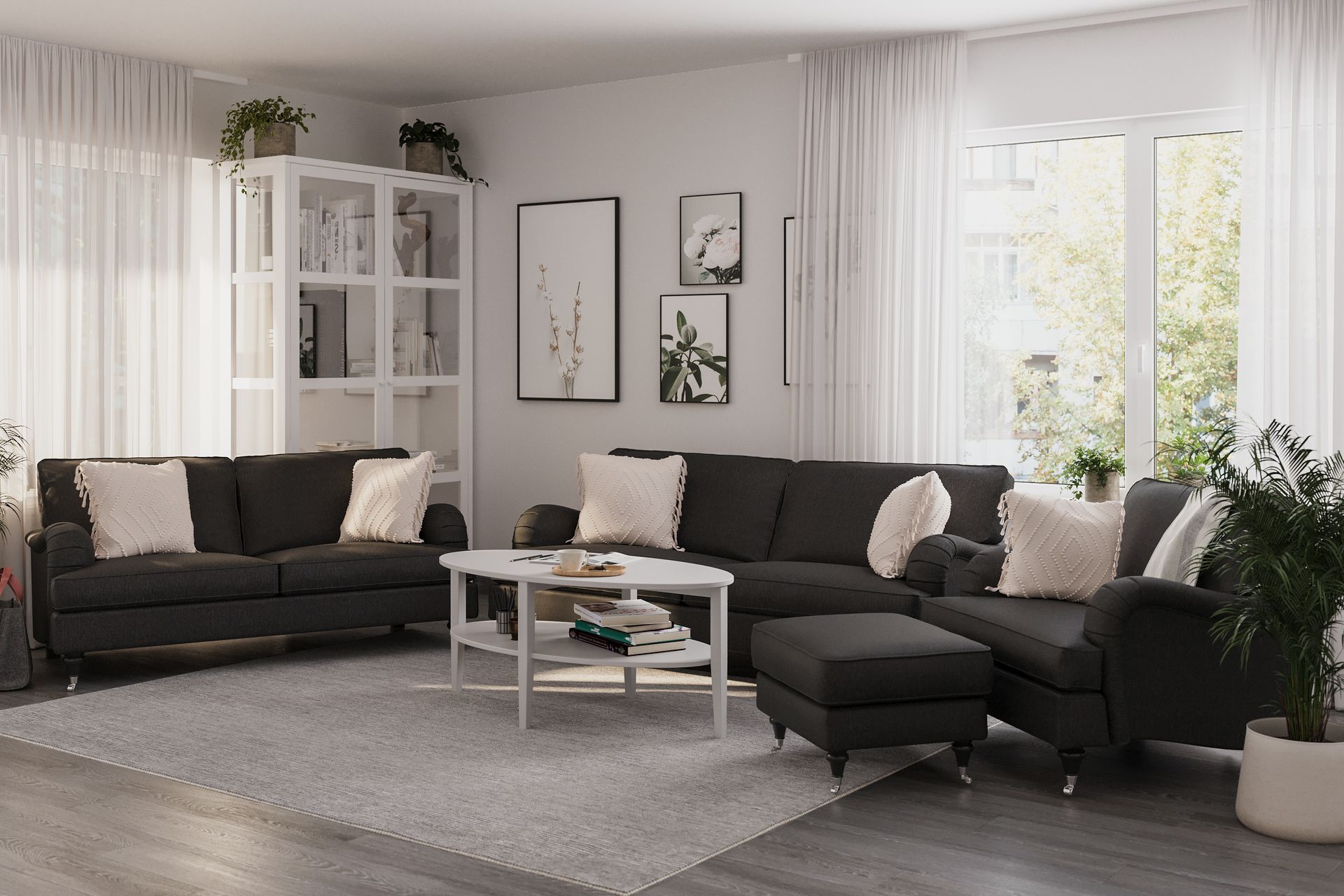 Howard Classic Sofagruppe 3-seters + 2-seters Sofa + Lenestol + Fotskammel i Stoff - Mørk grå - Møbler - Sofaer - Sofagrupper - Howard sofagruppe