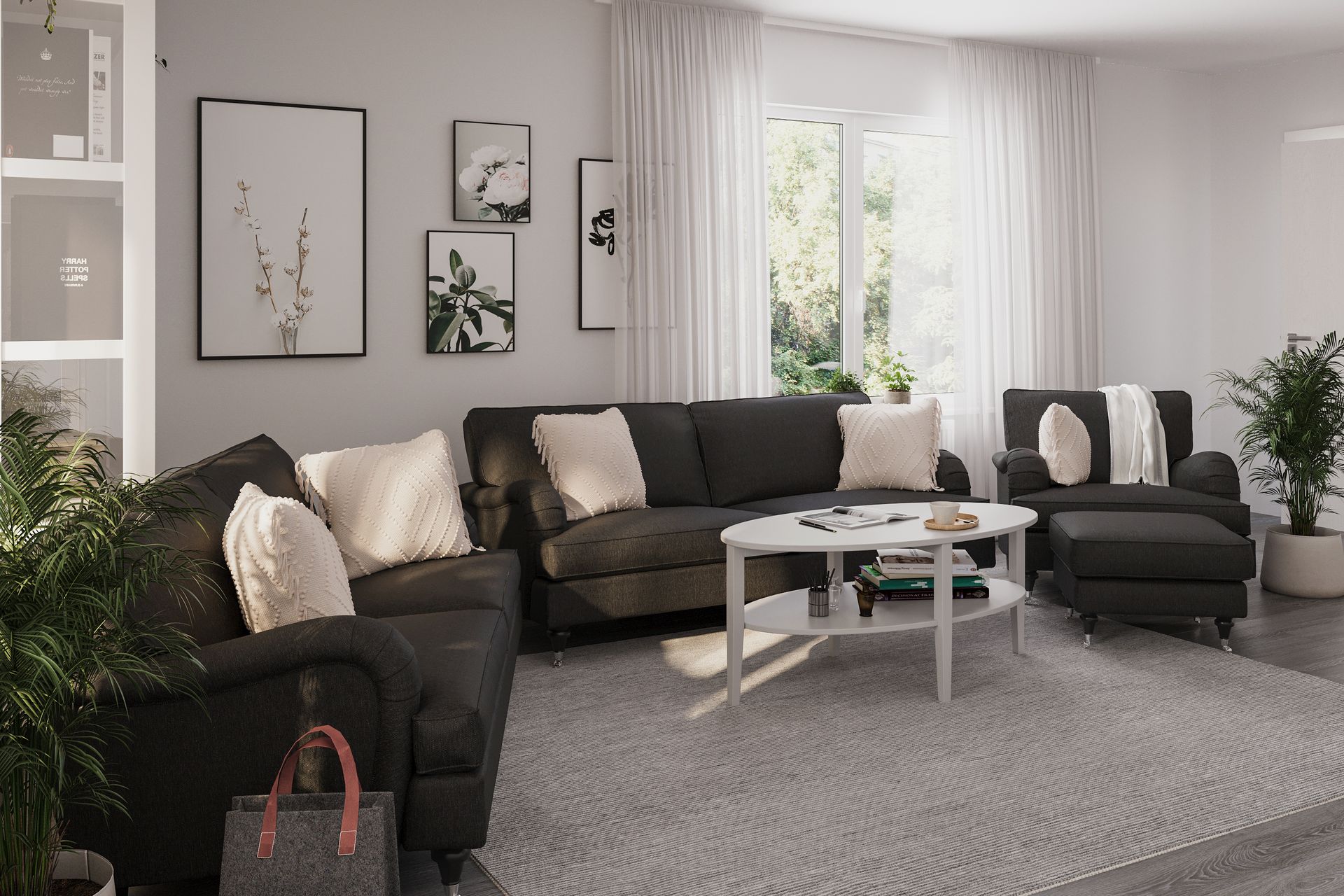 Howard Classic Sofagruppe 3-seters + 2-seters Sofa + Lenestol + Fotskammel i Stoff - Mørk grå - Møbler - Sofaer - Sofagrupper - Howard sofagruppe
