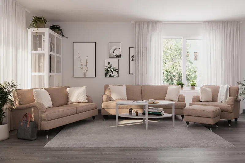 Howard Classic Sofagruppe 3-seters + 2-seters Sofa + Lenestol i Stoff - Mørk beige - Møbler - Sofaer - Sofagrupper - Howard sofagruppe