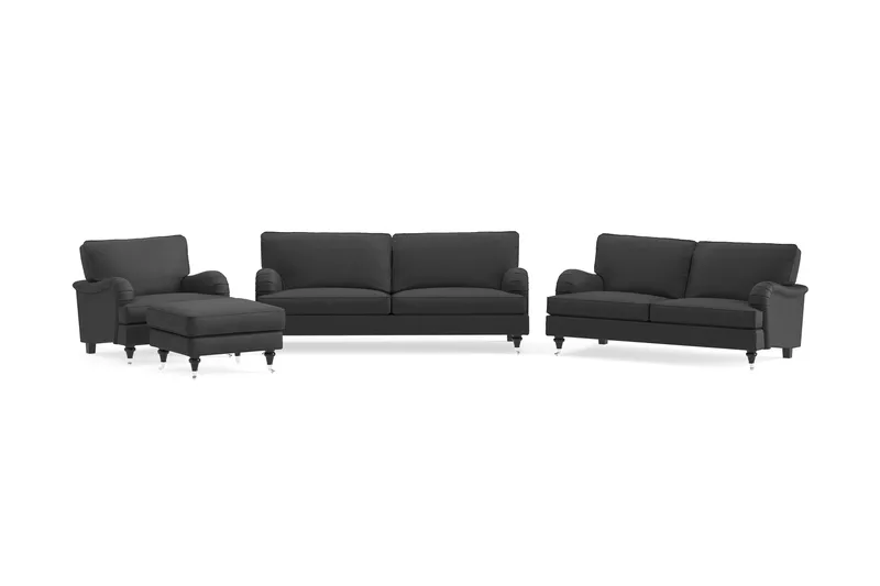 Howard Classic Sofagruppe 3-seters + 2-seters Sofa + Lenestol + Fotskammel i Stoff, Mørk grå