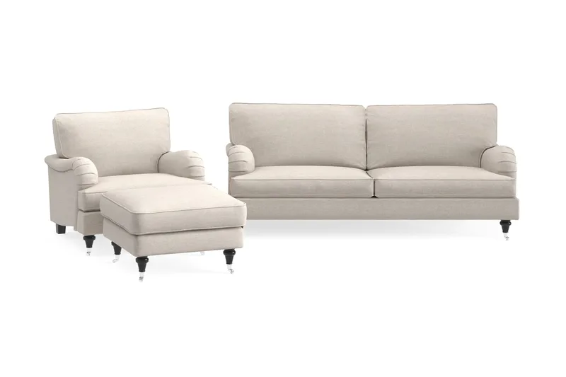 Howard Classic Sofagruppe 3-seters Sofa + Lenestol + Fotskammel i Stoff, Beige