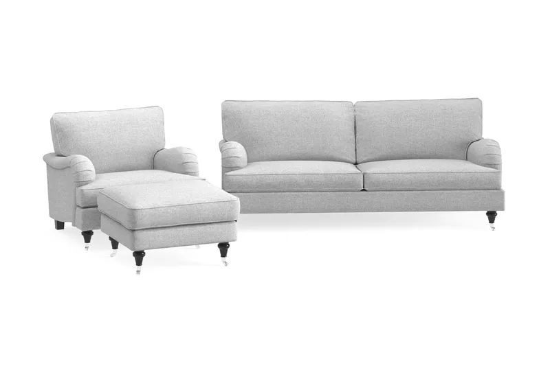 Howard Classic Sofagruppe 3-seters Sofa + Lenestol + Fotskammel i Stoff, Grå