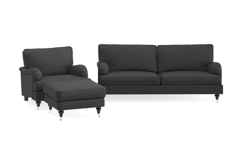 Howard Classic Sofagruppe 3-seters Sofa + Lenestol + Fotskammel i Stoff, Mørk grå