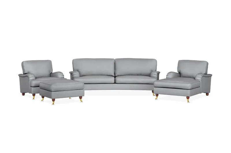 Howard Lyx Sofagruppe 3-seters Svingt Sofa + Divanstol + Lenestol + Fotskammel i Stoff, Lys grå