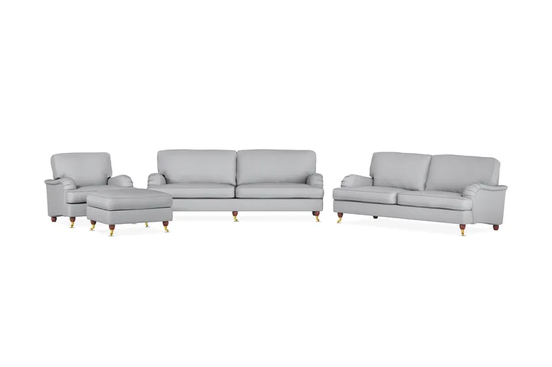 Howard Lyx Sofagruppe 4-seters + 3-seters Sofa + Lenestol + Fotskammel i Stoff, Lys grå