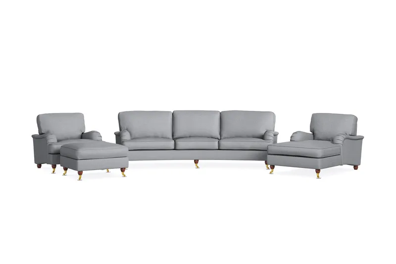 Howard Lyx Sofagruppe 4-seters Svingt Sofa + Divanstol + Lenestol + Fotskammel i Stoff, Lys grå