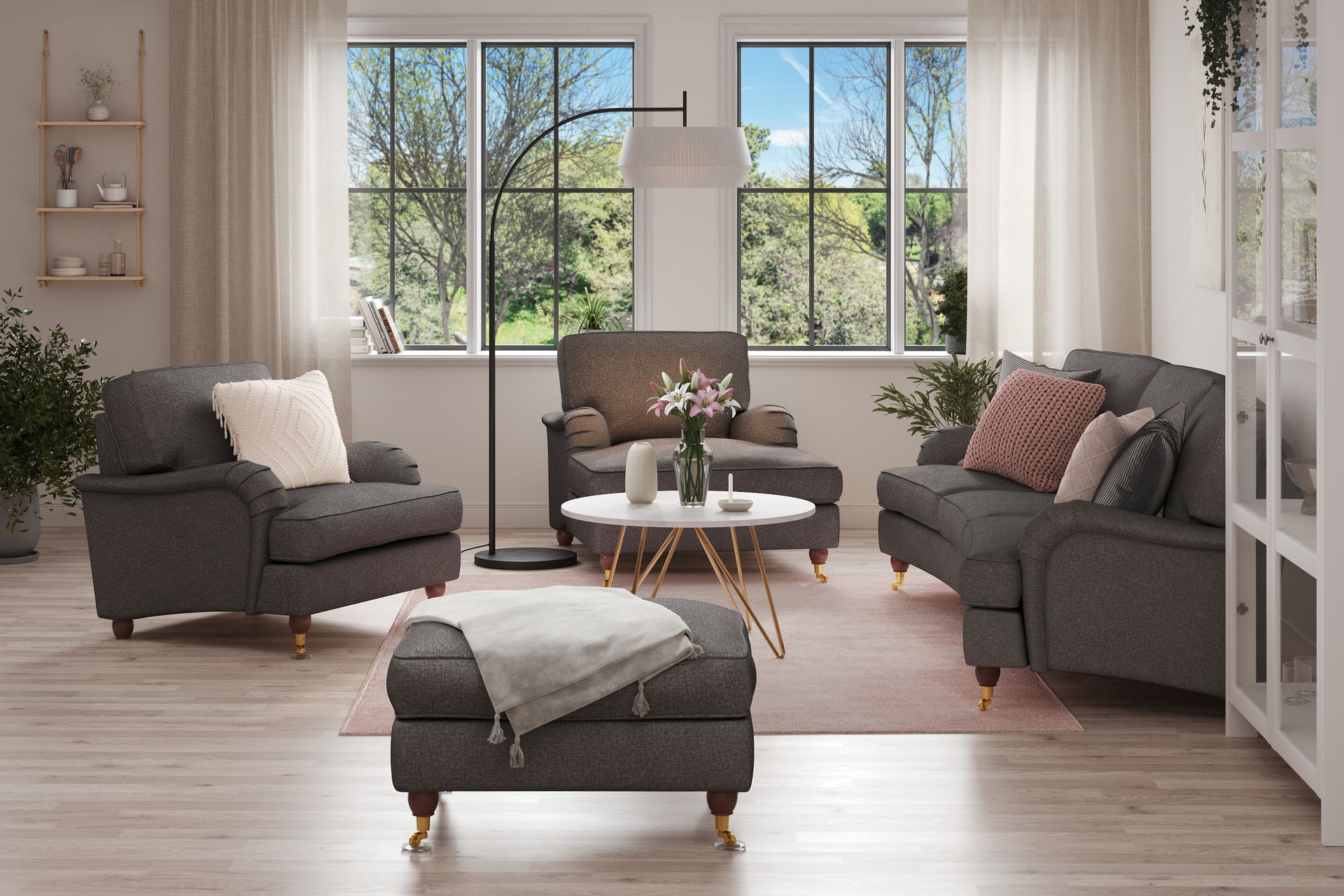 Howard Lyx Sofagruppe 4-seters Svingt Sofa + Divanstol + Lenestol + Fotskammel i Stoff - Mørk grå - Møbler - Sofaer - Sofagrupper - Howard sofagruppe
