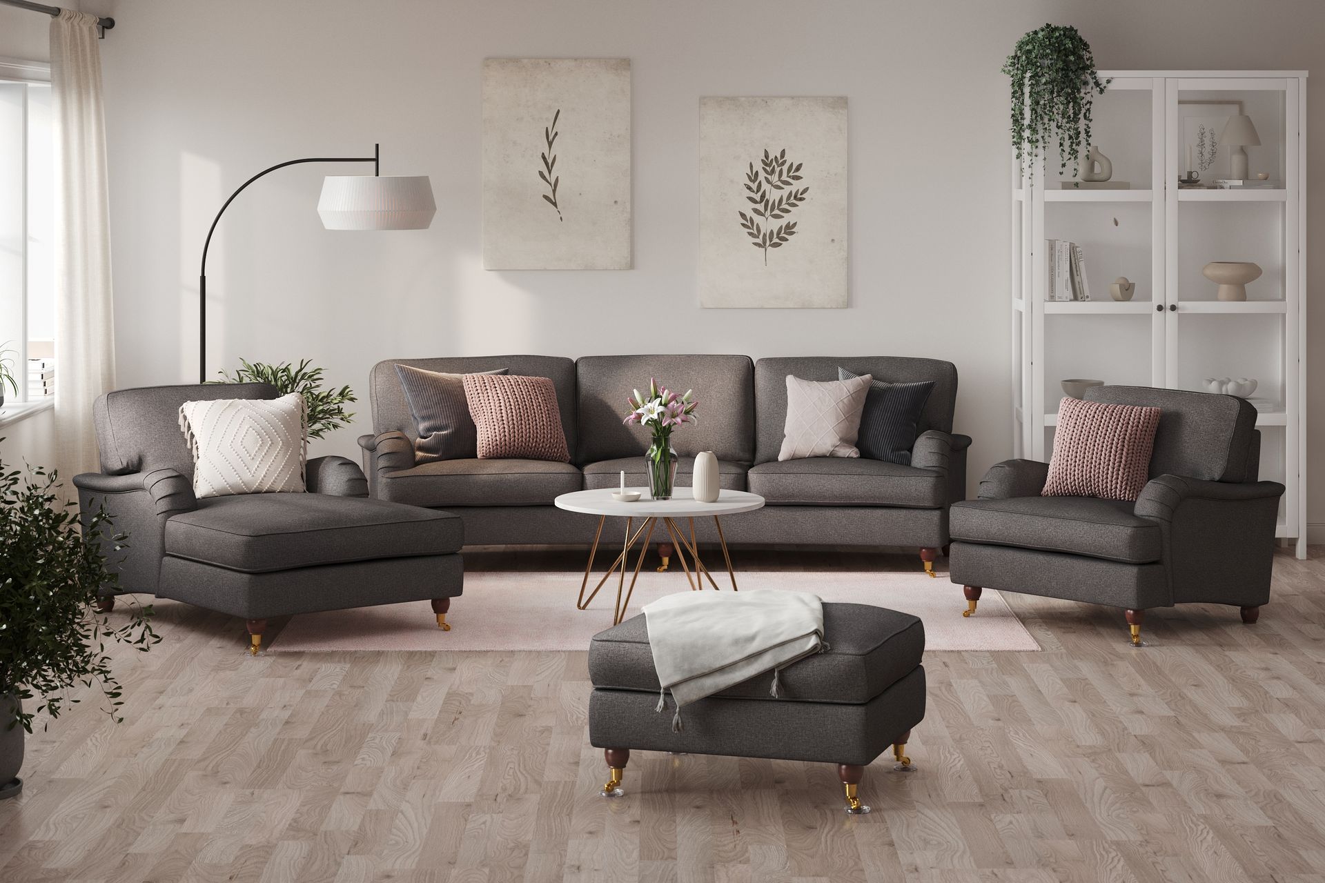 Howard Lyx Sofagruppe 4-seters Svingt Sofa + Divanstol + Lenestol + Fotskammel i Stoff - Mørk grå - Møbler - Sofaer - Sofagrupper - Howard sofagruppe
