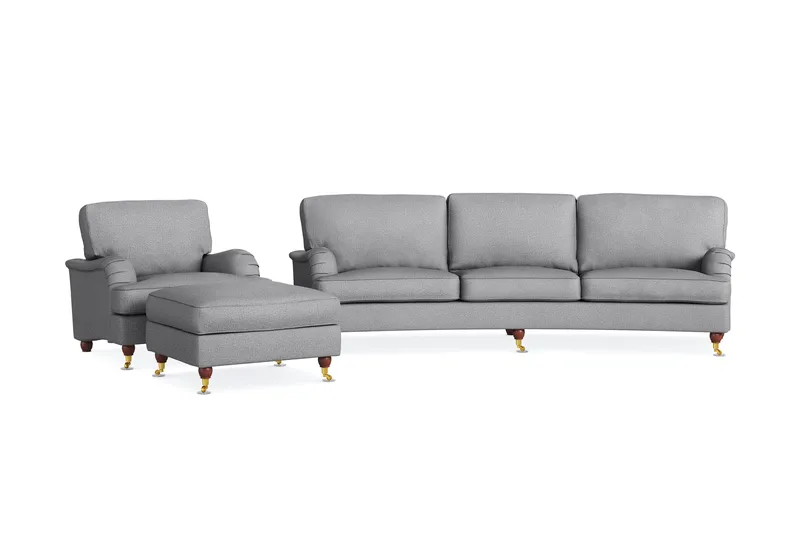 Howard Lyx Sofagruppe 4-seters Svingt Sofa + Lenestol + Fotskammel i Stoff, Lys grå