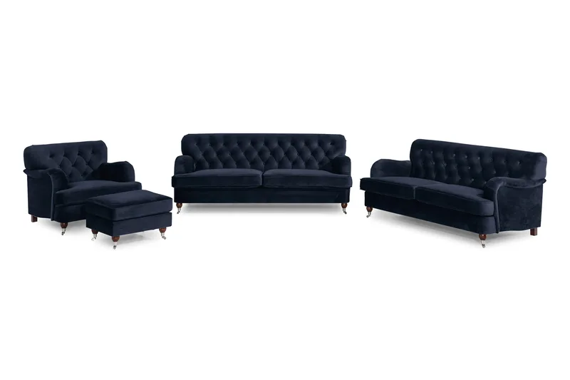 Howard Riviera Sofagruppe 3-seters + 2-seters Sofa + Lenestol + Fotskammel i Fløyel, Blå
